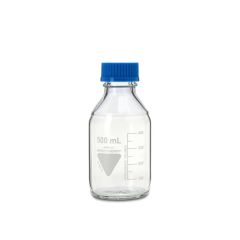 Laborflasche 500ml, GL45, thermostabiles Glas ISO4796, blaue Verschlusskappe und Ausgiessring, autoklavierbar